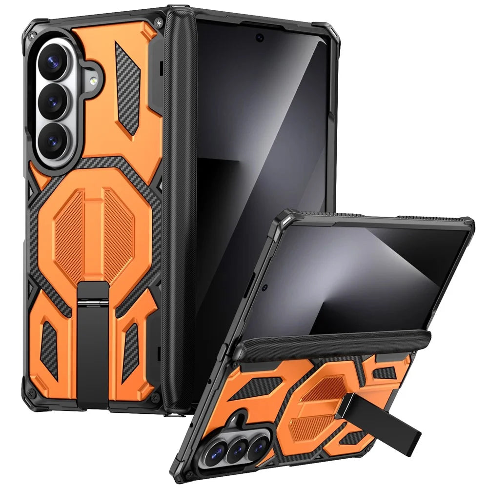 For Samsung Galaxy Z Fold8 Ultra / Z Fold7 5G Case Kickstand Hinge Protection Rugged PC + TPU Phone Cover - Orange - 1