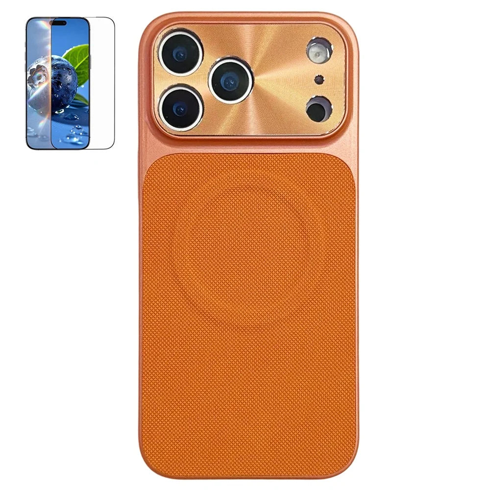 For iPhone 17 Pro Magnetic Case Ring Kickstand Tech Fabric Coated PC + TPU Phone Back Cover with Tempered Glass Screen Protector - Orange - 1