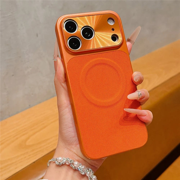 For iPhone 17 Pro Magnetic Case Ring Kickstand Tech Fabric Coated PC + TPU Phone Back Cover with Tempered Glass Screen Protector - Orange - 2