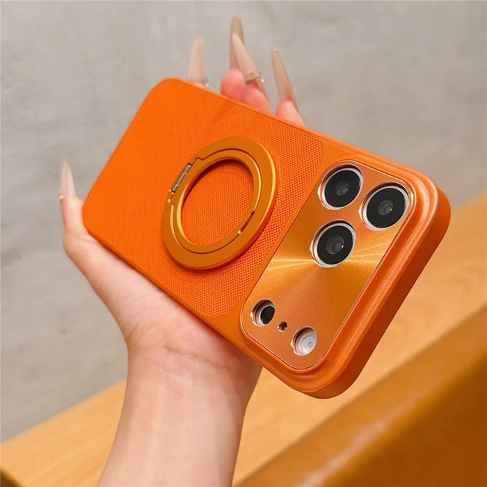 For iPhone 17 Pro Magnetic Case Ring Kickstand Tech Fabric Coated PC + TPU Phone Back Cover with Tempered Glass Screen Protector - Orange - 3