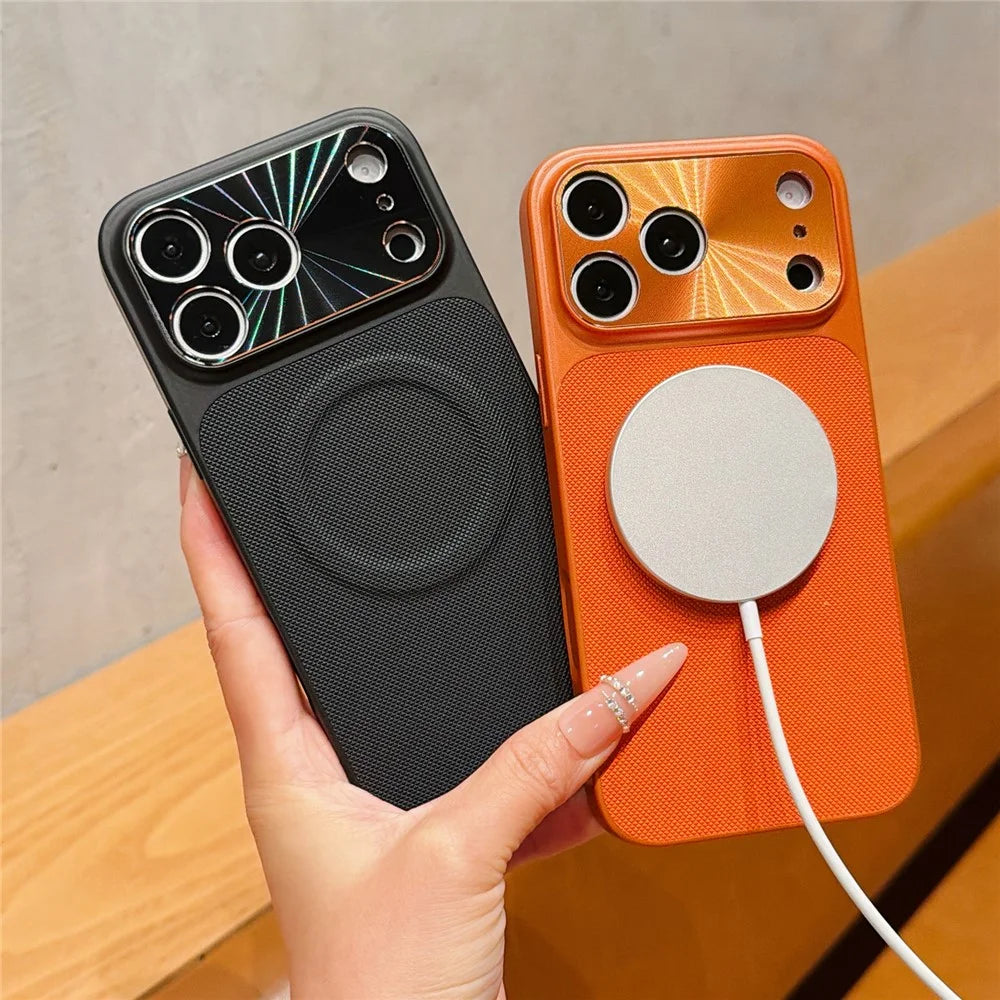 For iPhone 17 Pro Max Magnetic Case Ring Kickstand Tech Fabric Coated PC + TPU Phone Back Cover with Tempered Glass Screen Protector - Orange - 6
