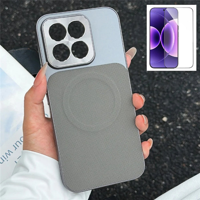 For Xiaomi 17 Max Magnetic Case Ring Kickstand Tech Fabric Coated PC + TPU Phone Back Cover with Tempered Glass Screen Protector - Dark Grey - 1