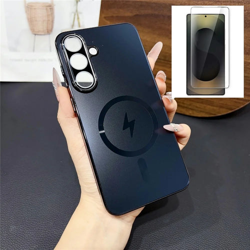 For Samsung Galaxy S26 FE Magnetic Case Electroplated Matte PC TPU Phone Cover with Tempered Glass Film - Black - 1