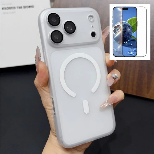For iPhone 17 Pro Magnetic Case with Camera Lens Protector Matte PC Shockproof Phone Cover + Tempered Glass Screen Protector - Transparent White - 1