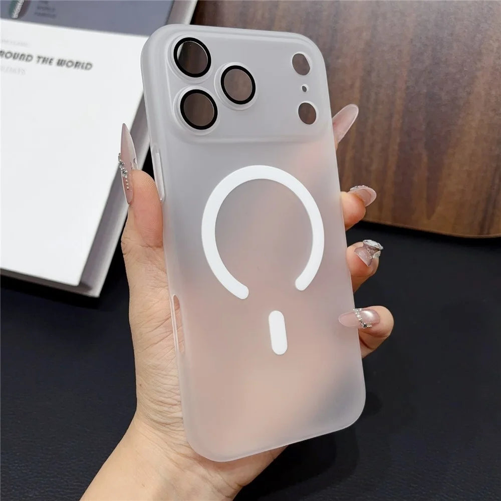 For iPhone 17 Pro Max Magnetic Case with Camera Lens Protector Matte PC Shockproof Phone Cover + Tempered Glass Screen Protector - Transparent White - 2