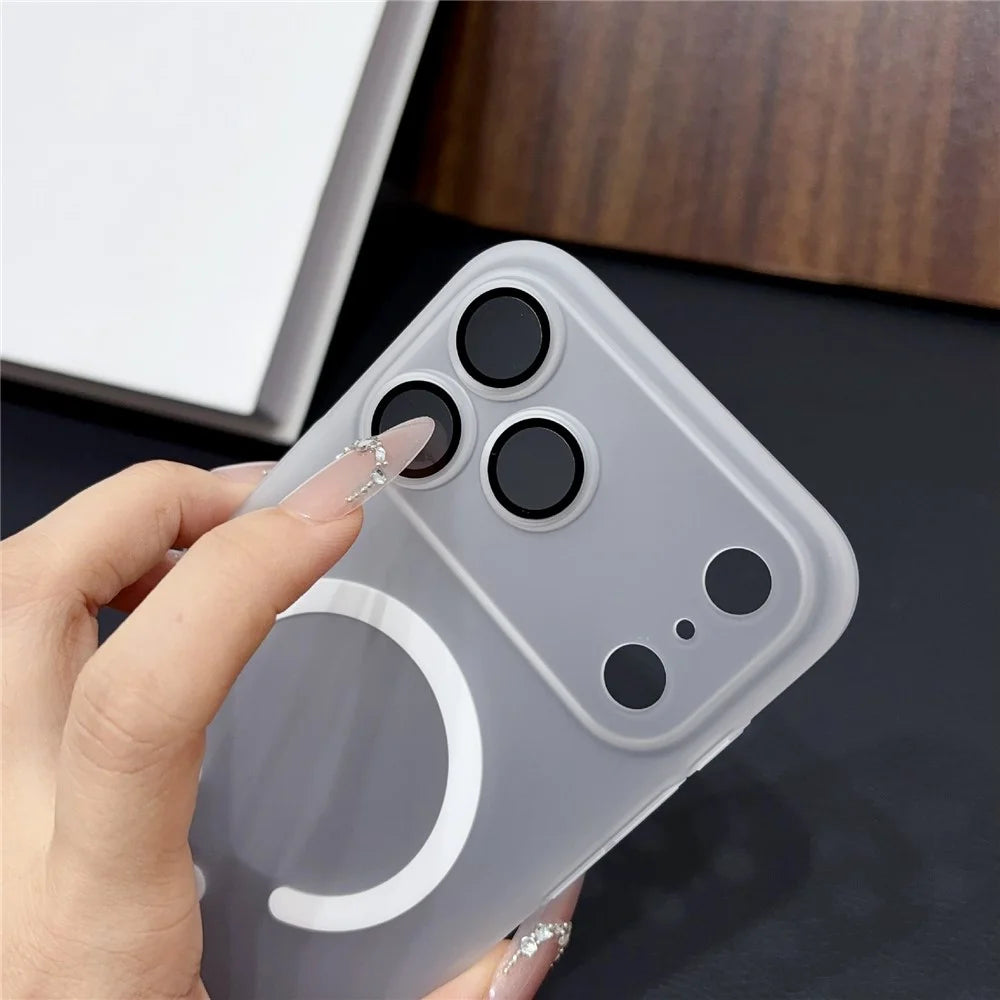 For iPhone 17 Pro Max Magnetic Case with Camera Lens Protector Matte PC Shockproof Phone Cover + Tempered Glass Screen Protector - Transparent White - 6