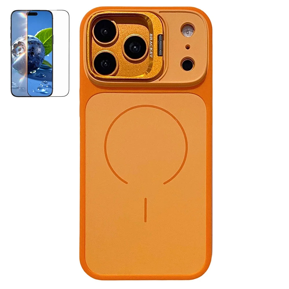 For iPhone 17 Pro Max Magnetic Case Hidden Camera Kickstand PC + TPU Phone Cover with Tempered Glass Screen Protector - Orange - 1