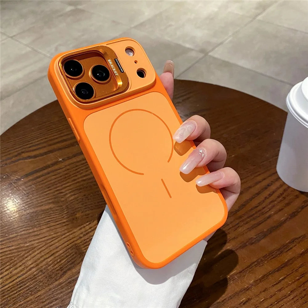 For iPhone 17 Pro Max Magnetic Case Hidden Camera Kickstand PC + TPU Phone Cover with Tempered Glass Screen Protector - Orange - 2
