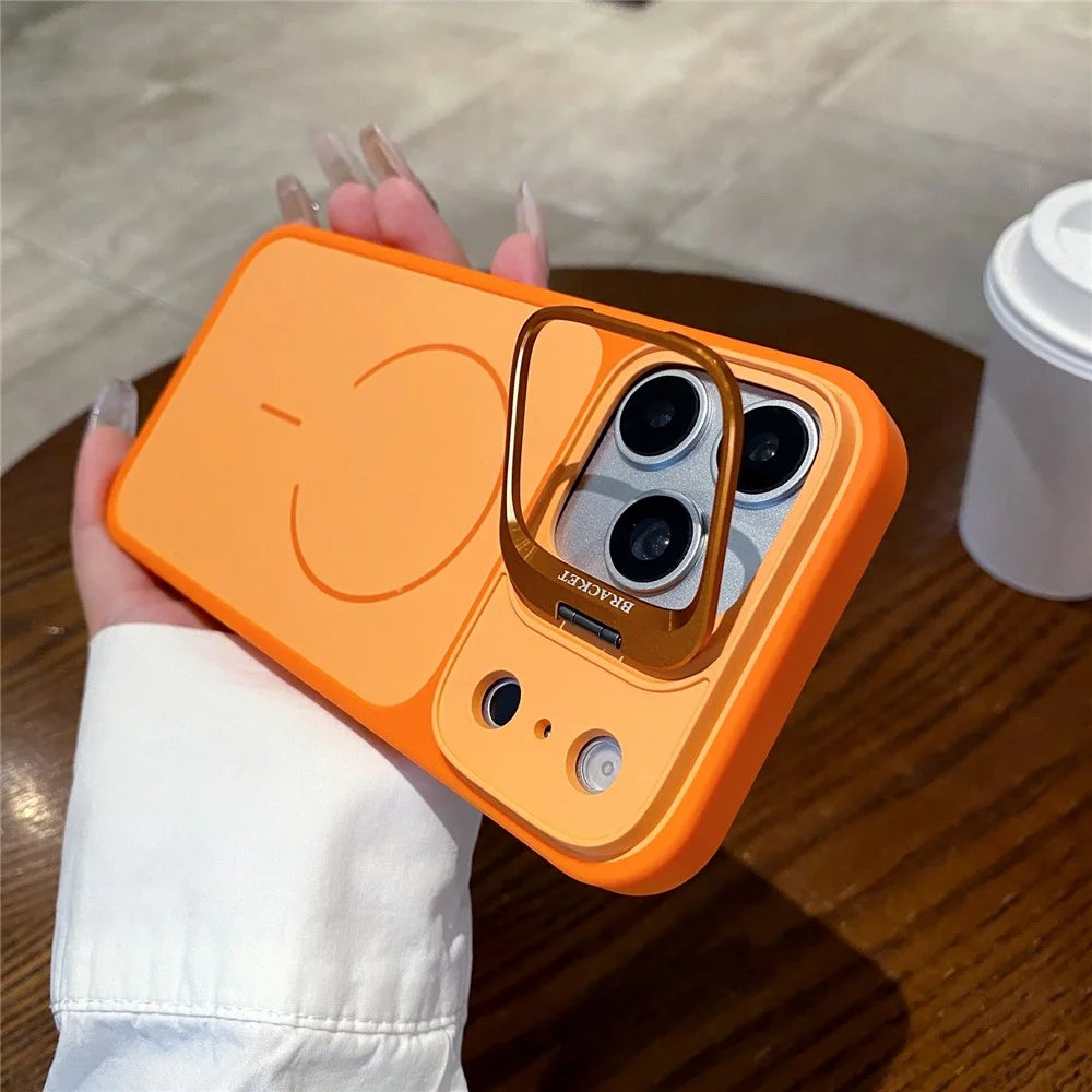 For iPhone 17 Pro Max Magnetic Case Hidden Camera Kickstand PC + TPU Phone Cover with Tempered Glass Screen Protector - Orange - 3