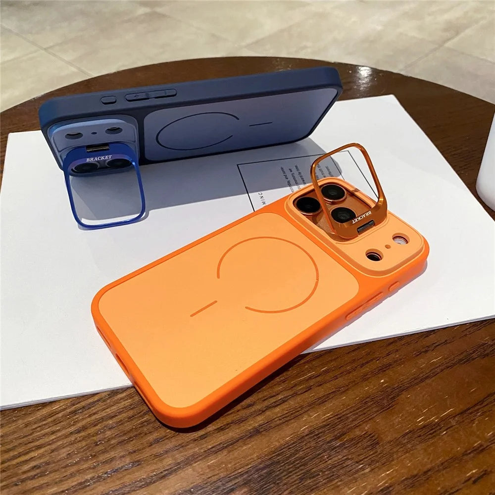 For iPhone 17 Pro Max Magnetic Case Hidden Camera Kickstand PC + TPU Phone Cover with Tempered Glass Screen Protector - Orange - 4