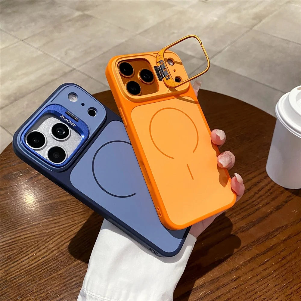 For iPhone 17 Pro Max Magnetic Case Hidden Camera Kickstand PC + TPU Phone Cover with Tempered Glass Screen Protector - Orange - 5