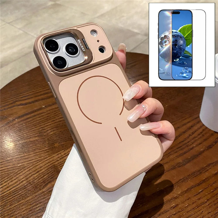 For iPhone 17 Pro Magnetic Case Hidden Camera Kickstand PC + TPU Phone Cover with Tempered Glass Screen Protector - Khaki - 1