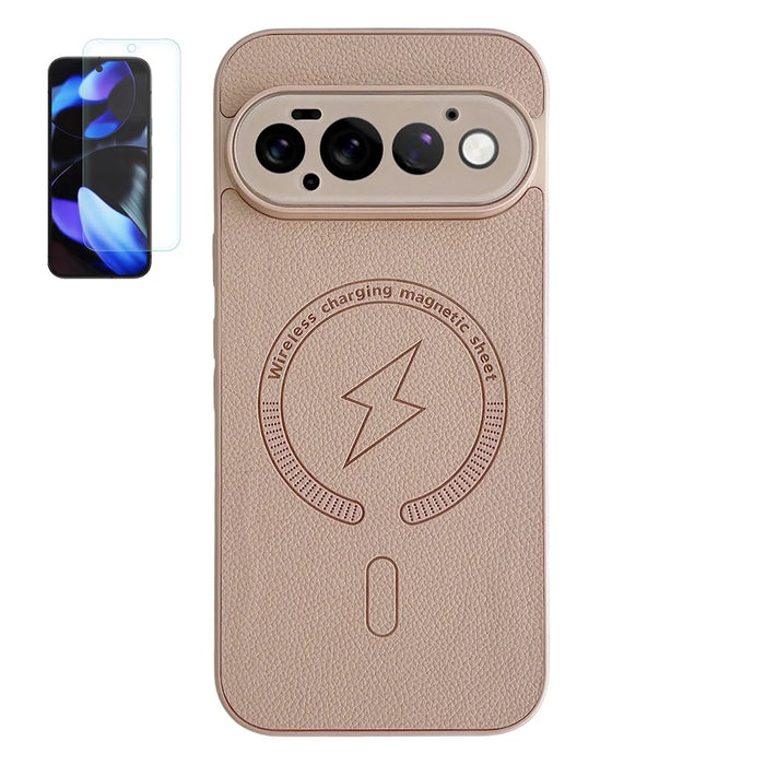 For Google Pixel 11 Pro Magnetic Case Litchi Texture Leather + PC + TPU Shockproof Phone Cover with Tempered Glass Screen Protector - Desert Gold - 1