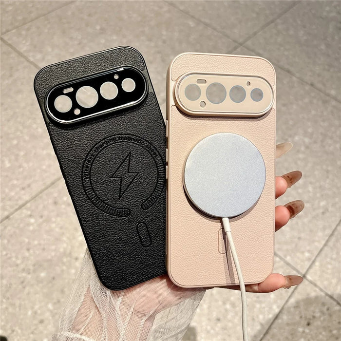 For Google Pixel 11 Pro Magnetic Case Litchi Texture Leather + PC + TPU Shockproof Phone Cover with Tempered Glass Screen Protector - Desert Gold - 4