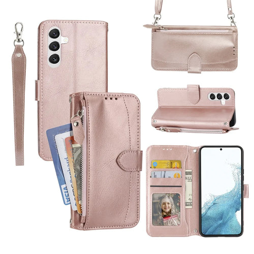For Samsung Galaxy S26 FE Case Zipper Pocket Leather Phone Cover with Crossbody Shoulder Strap - Rose Gold - 1