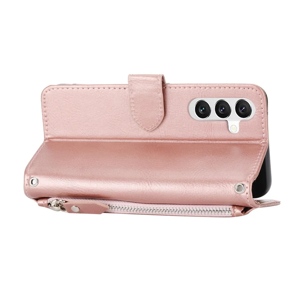 For Samsung Galaxy S26 FE Case Zipper Pocket Leather Phone Cover with Crossbody Shoulder Strap - Rose Gold - 4