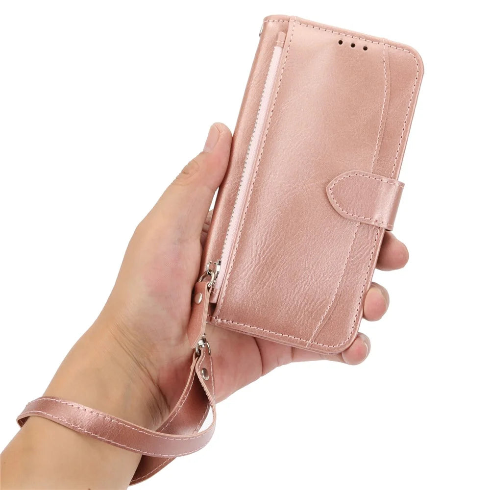 For Samsung Galaxy S26 FE Case Zipper Pocket Leather Phone Cover with Crossbody Shoulder Strap - Rose Gold - 5