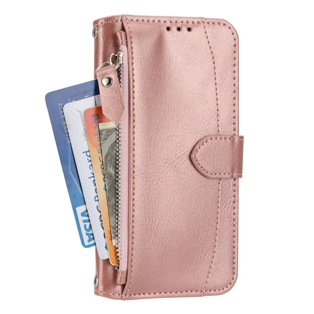 For Samsung Galaxy S26 FE Case Zipper Pocket Leather Phone Cover with Crossbody Shoulder Strap - Rose Gold - 6