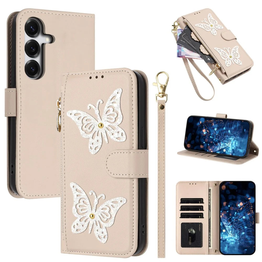 For Samsung Galaxy S26 FE Case Glitter Butterfly Zipper Pocket Stand Leather Phone Cover with Hand Strap / Shoulder Strap - Apricot - 1