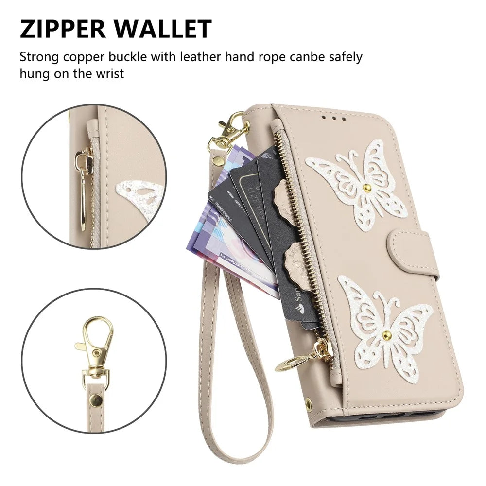 For Samsung Galaxy S26 FE Case Glitter Butterfly Zipper Pocket Stand Leather Phone Cover with Hand Strap / Shoulder Strap - Apricot - 5