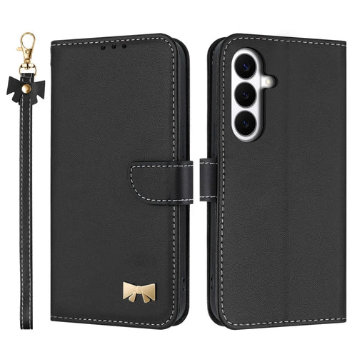 For Samsung Galaxy S26 FE Case Bowknot Decor Wallet Leather Phone Cover with Wrist Strap - Black - 1