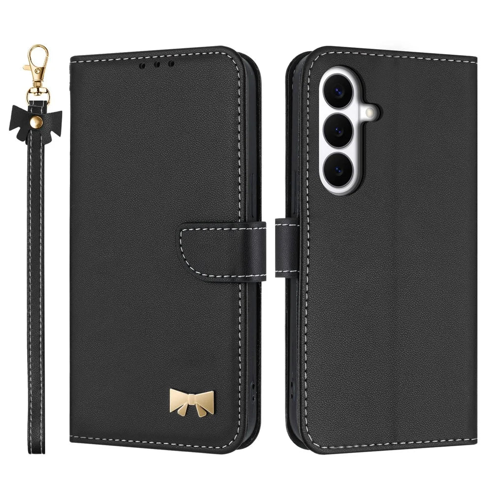 For Samsung Galaxy S26 FE Case Bowknot Decor Wallet Leather Phone Cover with Wrist Strap - Black - 1
