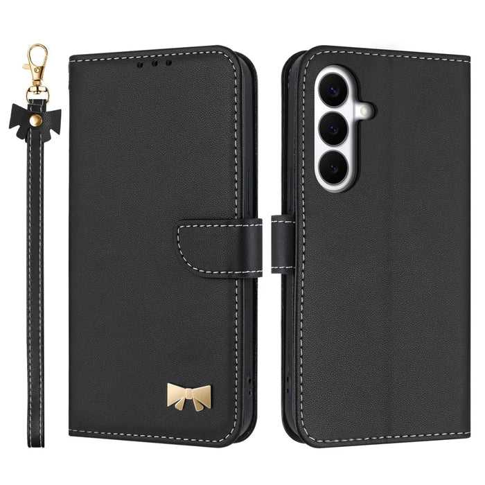 For Samsung Galaxy S26 FE Case Bowknot Decor Wallet Leather Phone Cover with Wrist Strap - Black - 1