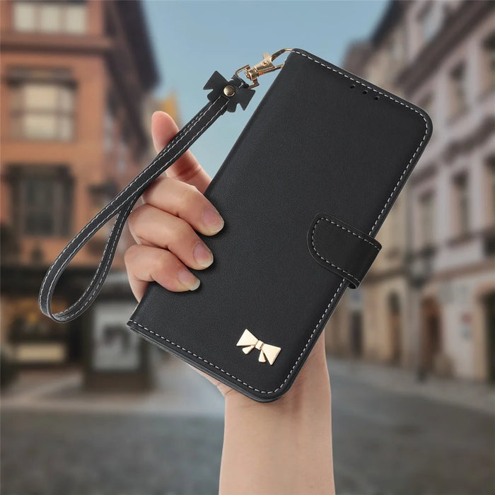 For Samsung Galaxy S26 FE Case Bowknot Decor Wallet Leather Phone Cover with Wrist Strap - Black - 5