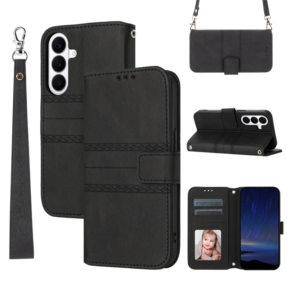 For Samsung Galaxy S26 FE Case Skin-Touch Leather Imprinted Wallet Phone Cover with Shoulder Strap + Wrist Strap - Black - 1