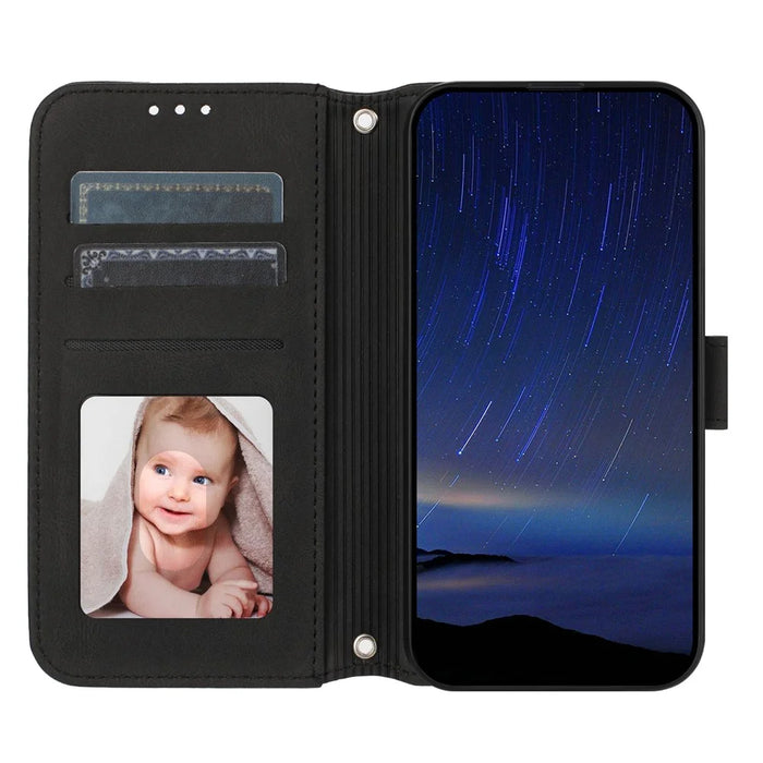 For Samsung Galaxy S26 FE Case Skin-Touch Leather Imprinted Wallet Phone Cover with Shoulder Strap + Wrist Strap - Black - 2