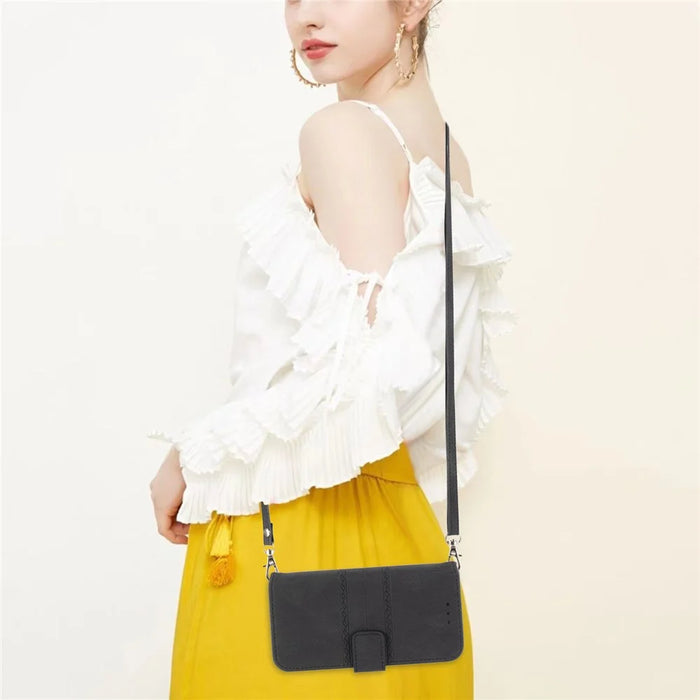 For Samsung Galaxy S26 FE Case Skin-Touch Leather Imprinted Wallet Phone Cover with Shoulder Strap + Wrist Strap - Black - 5