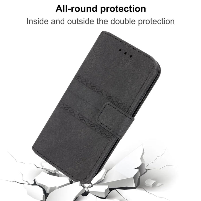 For Samsung Galaxy S26 FE Case Skin-Touch Leather Imprinted Wallet Phone Cover with Shoulder Strap + Wrist Strap - Black - 6