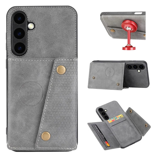 For Samsung Galaxy S26 FE Case with Card Slots Kickstand Leather + TPU Phone Cover - Grey - 1