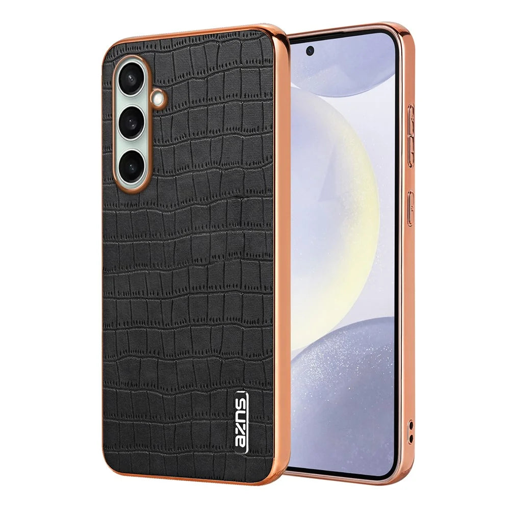 AZNS For Samsung Galaxy S26 FE Case Electroplating Crocodile Texture PU + TPU Phone Cover - Black - 1
