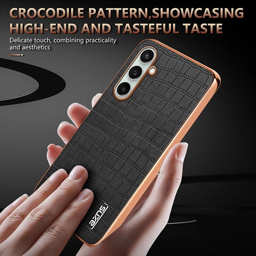 AZNS For Samsung Galaxy S26 FE Case Electroplating Crocodile Texture PU + TPU Phone Cover - Black - 5