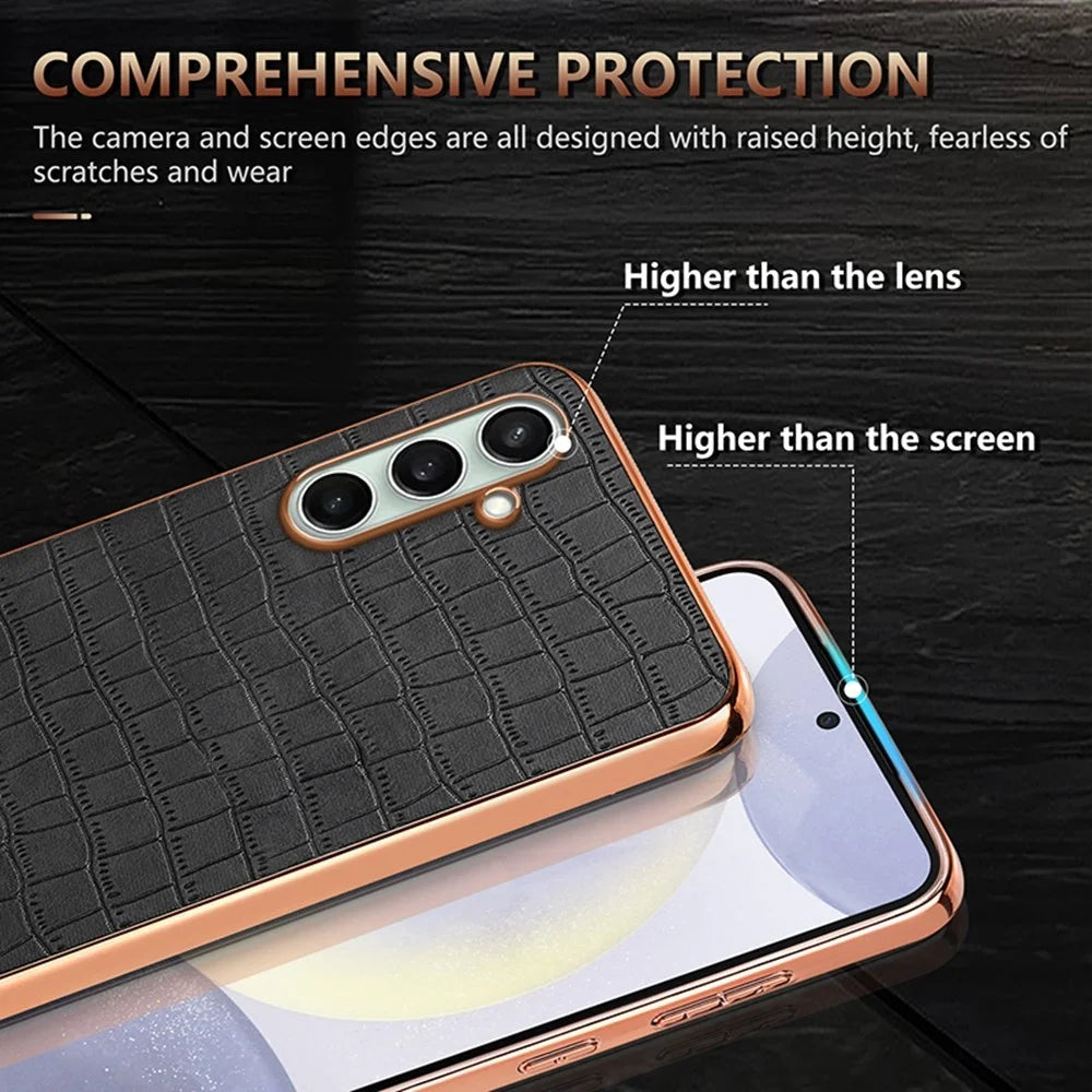AZNS For Samsung Galaxy S26 FE Case Electroplating Crocodile Texture PU + TPU Phone Cover - Black - 6