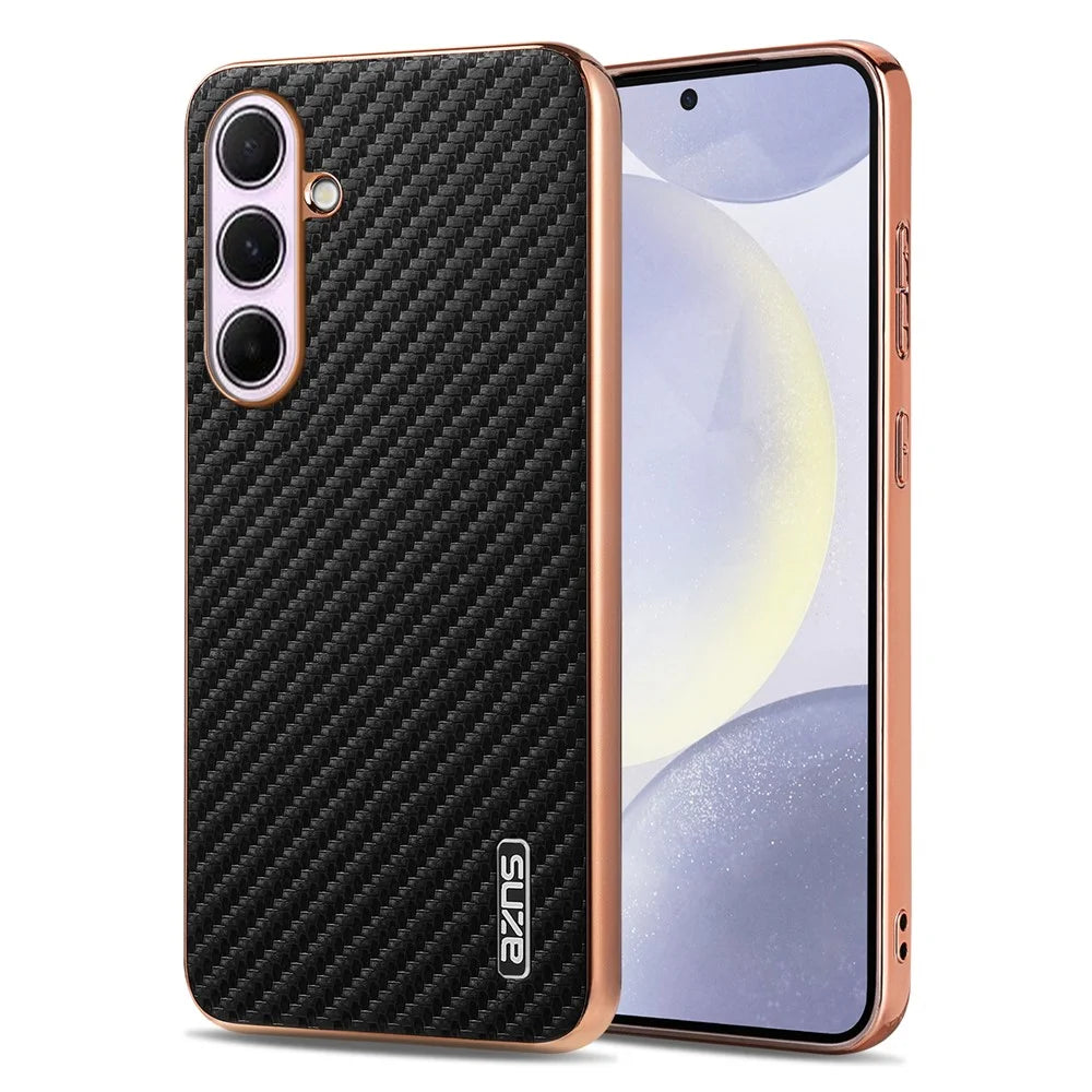AZNS Phone Case For Samsung Galaxy S26 FE Electroplating Carbon Fiber Texture PU + TPU Phone Cover - Black - 1