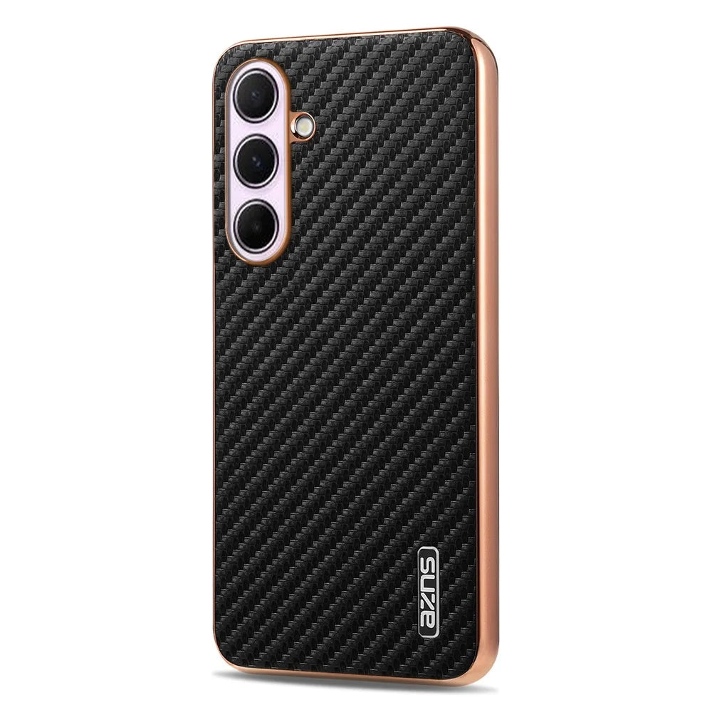 AZNS Phone Case For Samsung Galaxy S26 FE Electroplating Carbon Fiber Texture PU + TPU Phone Cover - Black - 3