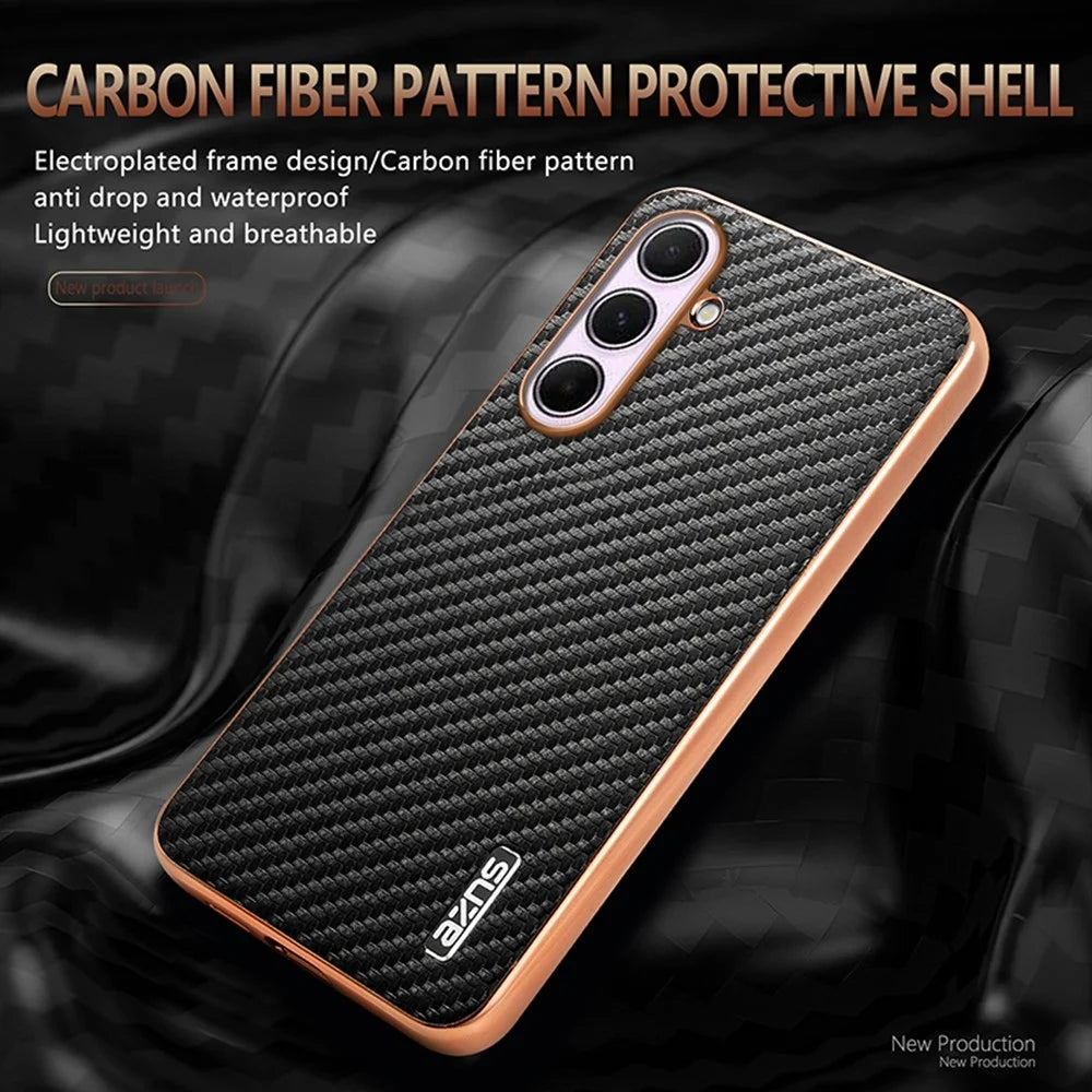 AZNS Phone Case For Samsung Galaxy S26 FE Electroplating Carbon Fiber Texture PU + TPU Phone Cover - Black - 4