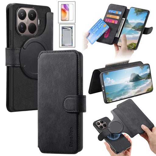 CASENEO for Xiaomi 17T Magnetic Case Detachable Retro Leather Wallet Phone Cover with Tempered Glass Screen Protector - Black - 1