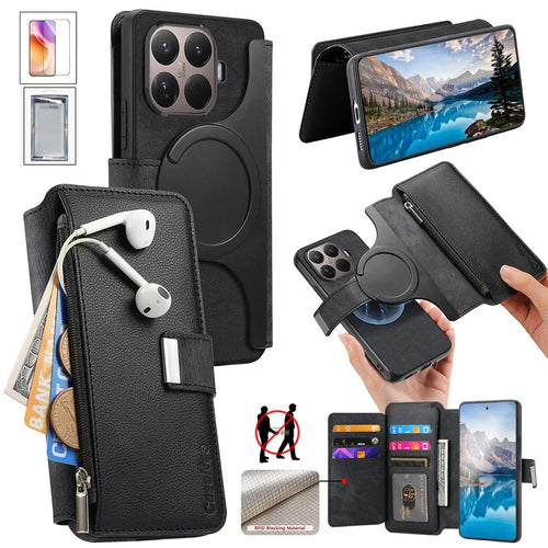 CASENEO for Xiaomi 17T Case Detachable Magnetic RFID Blocking Leather Phone Cover with Tempered Glass Screen Protector - Black - 1