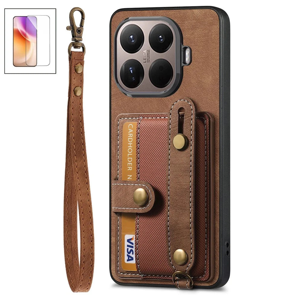 For Xiaomi 17T Case Wristband Kickstand Retro PU Leather Back Phone Cover with Card Holder + Tempered Glass Screen Protector - Brown - 1