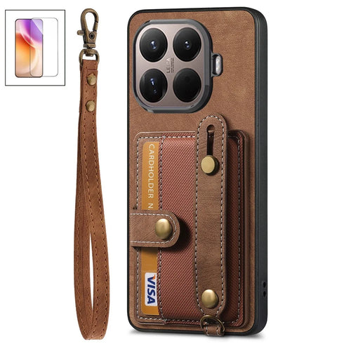 For Xiaomi 17T Case Wristband Kickstand Retro PU Leather Back Phone Cover with Card Holder + Tempered Glass Screen Protector - Brown - 1