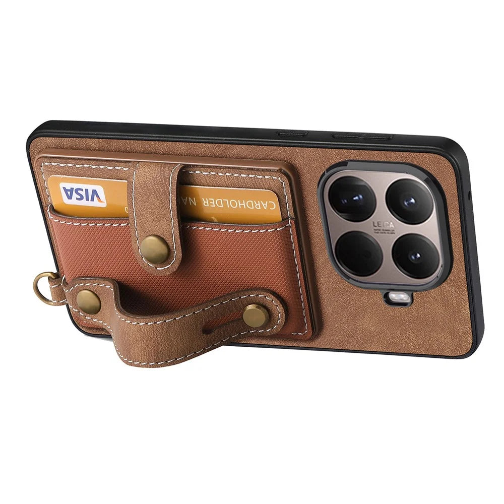For Xiaomi 17T Case Wristband Kickstand Retro PU Leather Back Phone Cover with Card Holder + Tempered Glass Screen Protector - Brown - 2