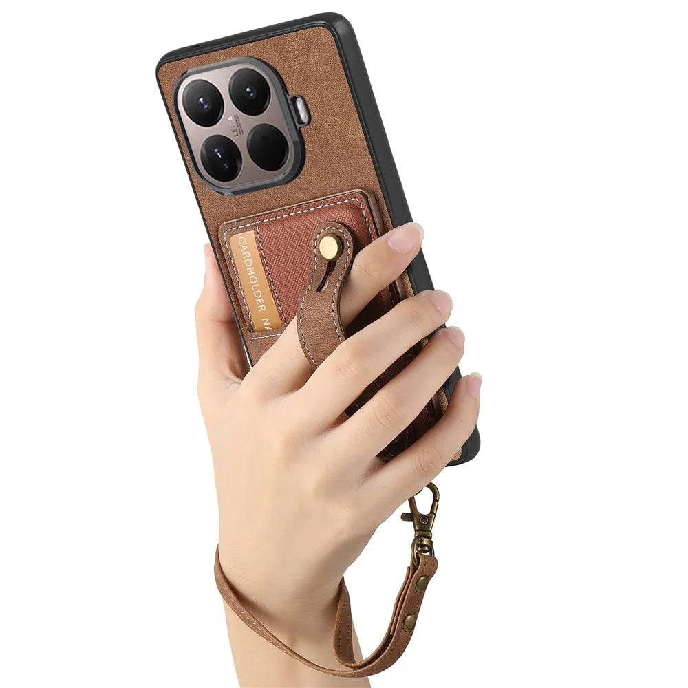 For Xiaomi 17T Case Wristband Kickstand Retro PU Leather Back Phone Cover with Card Holder + Tempered Glass Screen Protector - Brown - 3