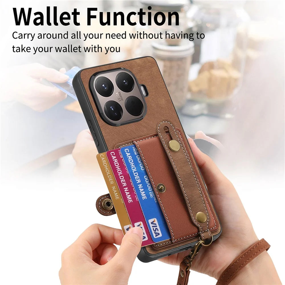 For Xiaomi 17T Case Wristband Kickstand Retro PU Leather Back Phone Cover with Card Holder + Tempered Glass Screen Protector - Brown - 5