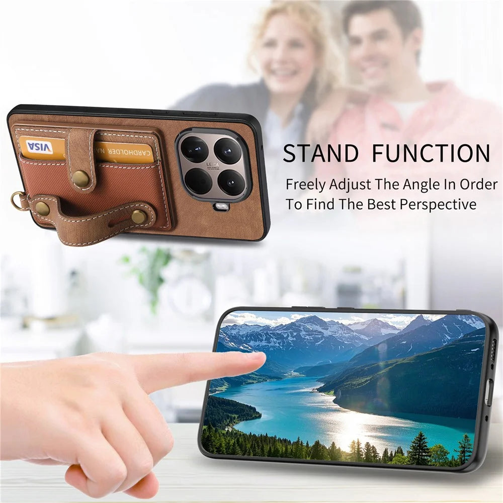 For Xiaomi 17T Case Wristband Kickstand Retro PU Leather Back Phone Cover with Card Holder + Tempered Glass Screen Protector - Brown - 6