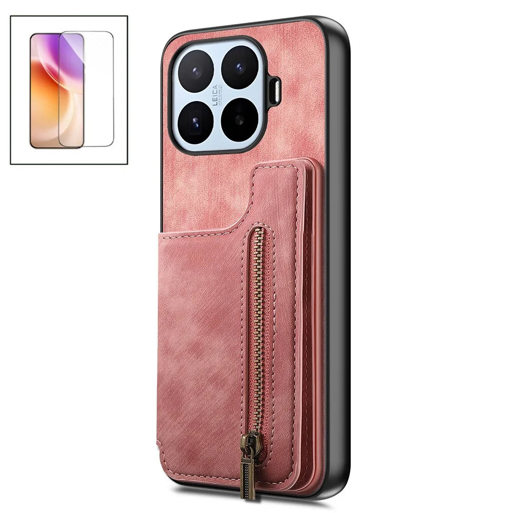 For Xiaomi 17T Case Zipper Card Holder Kickstand Retro Leather TPU Phone Cover with Tempered Glass Screen Protector - Pink - 1