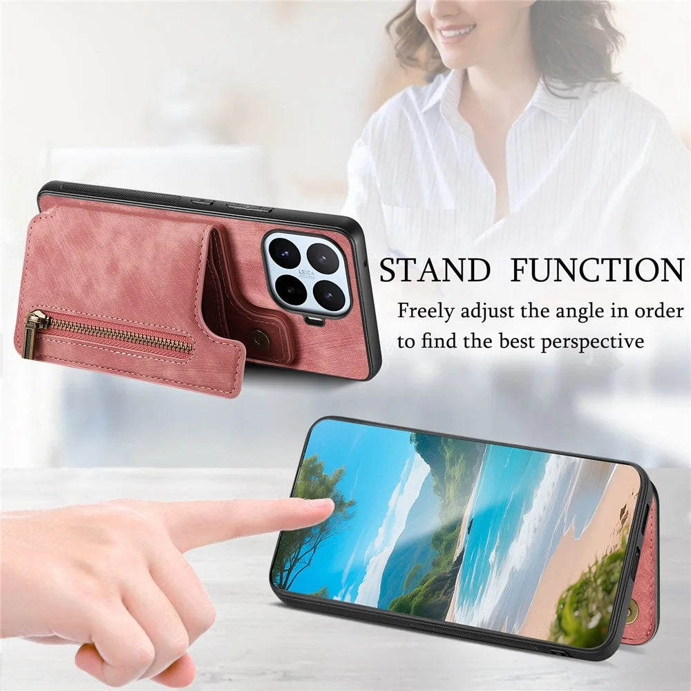 For Xiaomi 17T Case Zipper Card Holder Kickstand Retro Leather TPU Phone Cover with Tempered Glass Screen Protector - Pink - 2