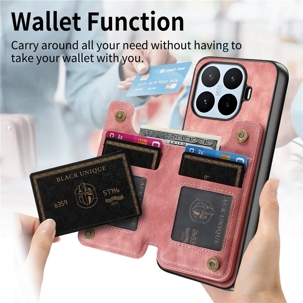 For Xiaomi 17T Case Zipper Card Holder Kickstand Retro Leather TPU Phone Cover with Tempered Glass Screen Protector - Pink - 3